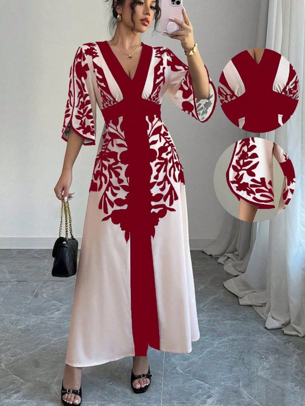 Women's Solid Color Patchwork Long Sleeve Floral Print Simple Long Casual Dress
