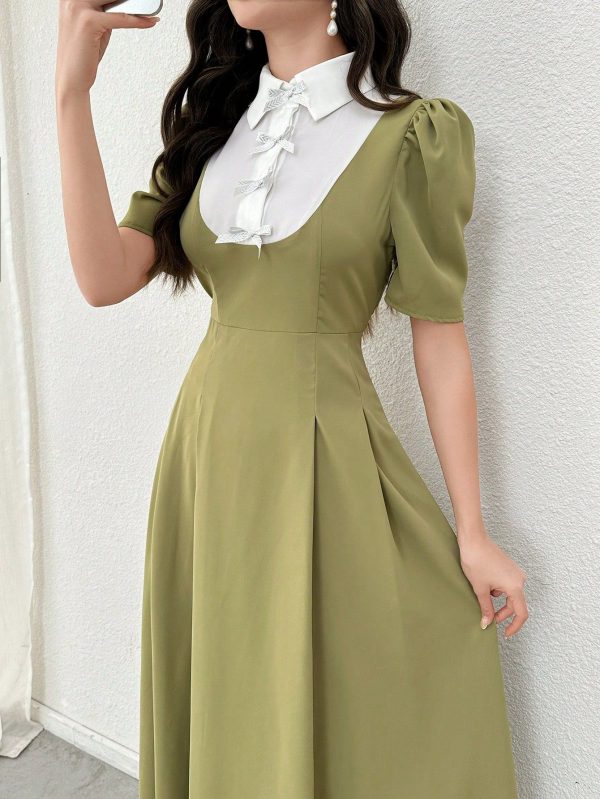 Elegant Bowknot Front Puff Sleeve Colorblock Midi Dress For Women, Spring/Summer