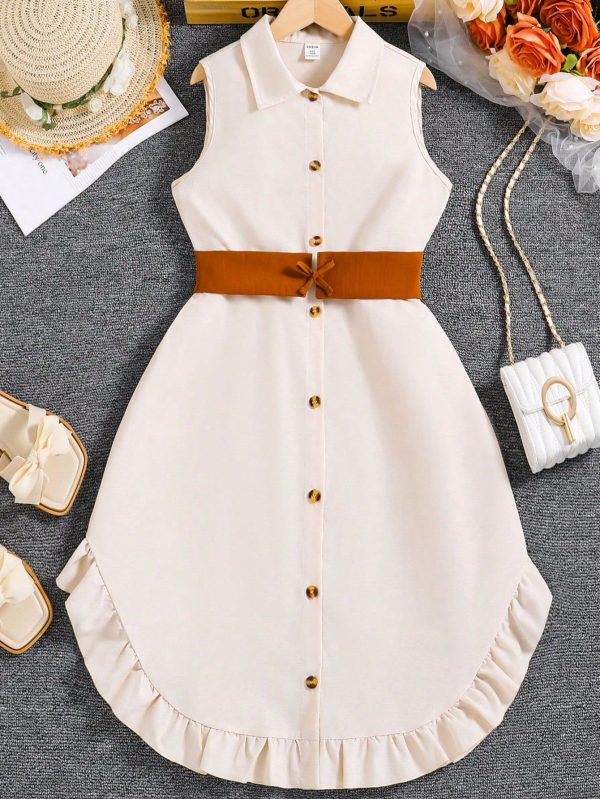 Tween Girl Summer Color Block Single Button Sleeveless Loose Shirt Casual Dress