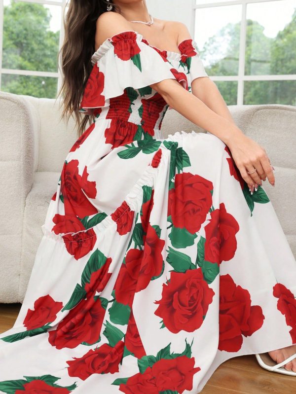 Women's Elegant Rose Print Off-Shoulder Long Summer Dress