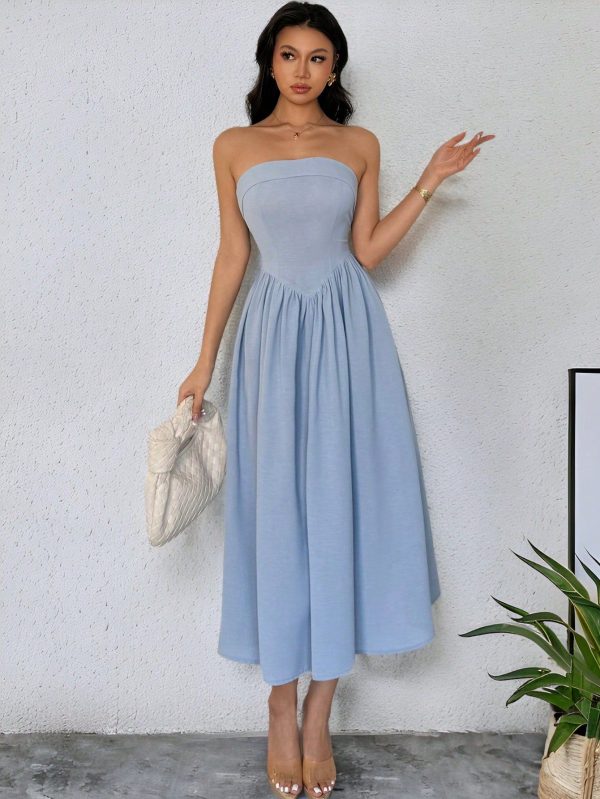 Women's Elegant Halter Blue Long Dress With Front Slit And A-Line High-Low Hem, Casual Beach & Daily Wear, Summer, Boho,Summer Dresses For Women