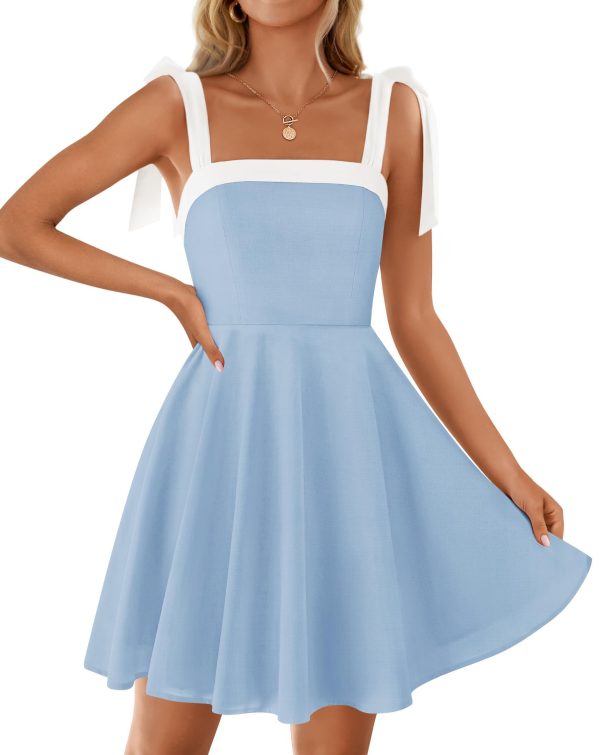 ZESICA Womens Summer Sleeveless Mini Dress Tie Shoulder Square Neck High Waist Swing A Line Short Sundresses