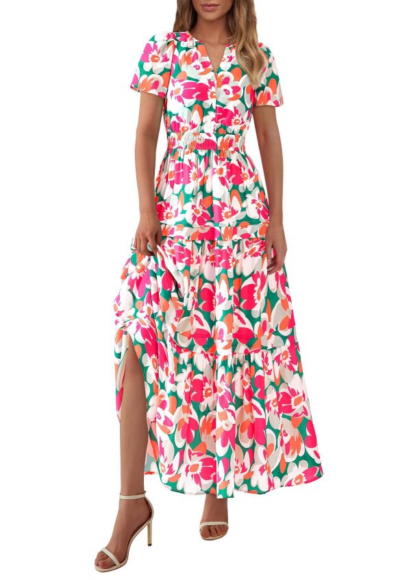 PRETTYGARDEN Women's 2025 Summer Boho Maxi Dresses Floral Short Sleeve V Neck A Line Tiered Flowy Long Beach Vacation Dress