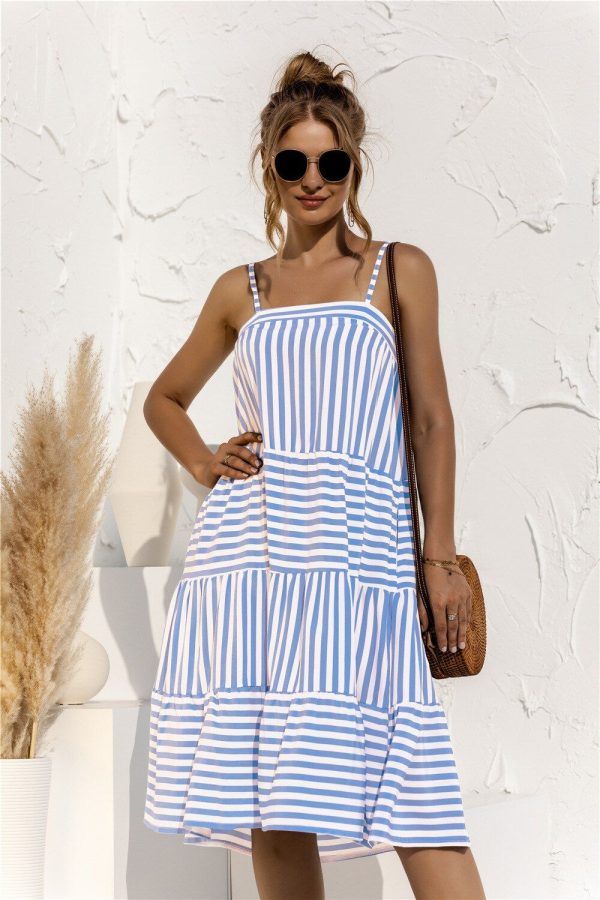 Leosoxs 2021 Summer New Fashion Sexy Spaghetti Straps Adjustable Backless Women's Dress Casual Loose Solid Stripe Ladies Dresses Blue-S