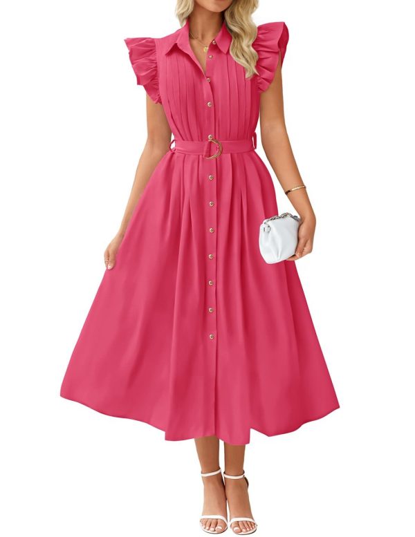 ZESICA Women's 2025 Summer Boho Button Midi Dresses Casual V Neck Flutter Sleeve Belted Long Dresses with Pockets