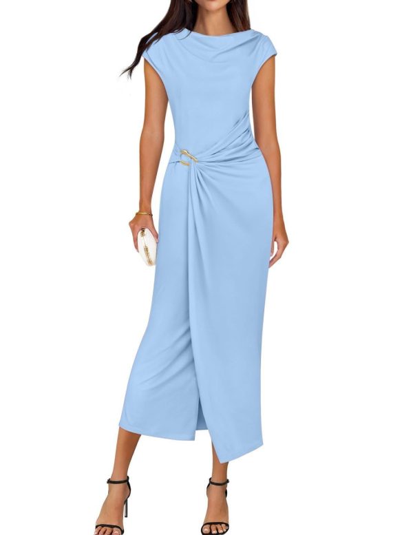 ZESICA Women's 2025 Summer Mock Neck Casual Bodycon Dress Cap Sleeve Elegant Cocktail Party Long Midi Dresses