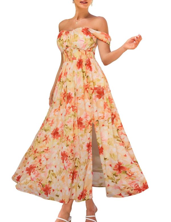 GRACE KARIN 2025 Women's Summer Floral Print Flowy A Line Maxi Dresses Sleeveless Smocked Off Shoulder Dress