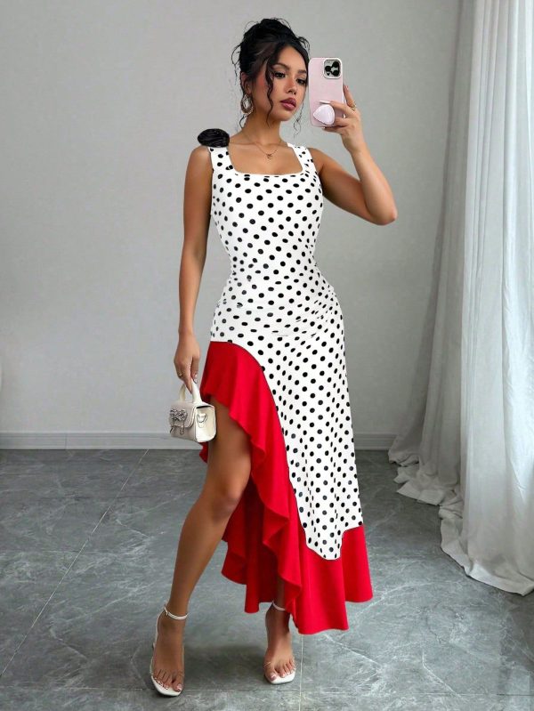 Women 3D Flower Asymmetrical Hem Slip Dress