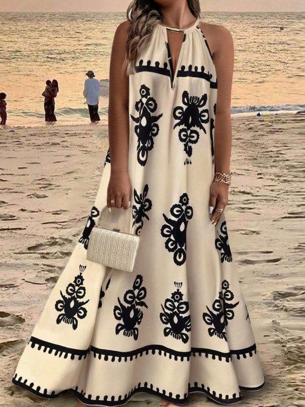 Plus Size Women Sleeveless Bohemian Dress, Summer Long Floral Printed Dresses, Loose Tie Neck Dress, Pleated, Beach And Holiday Wear, Suitable For Women