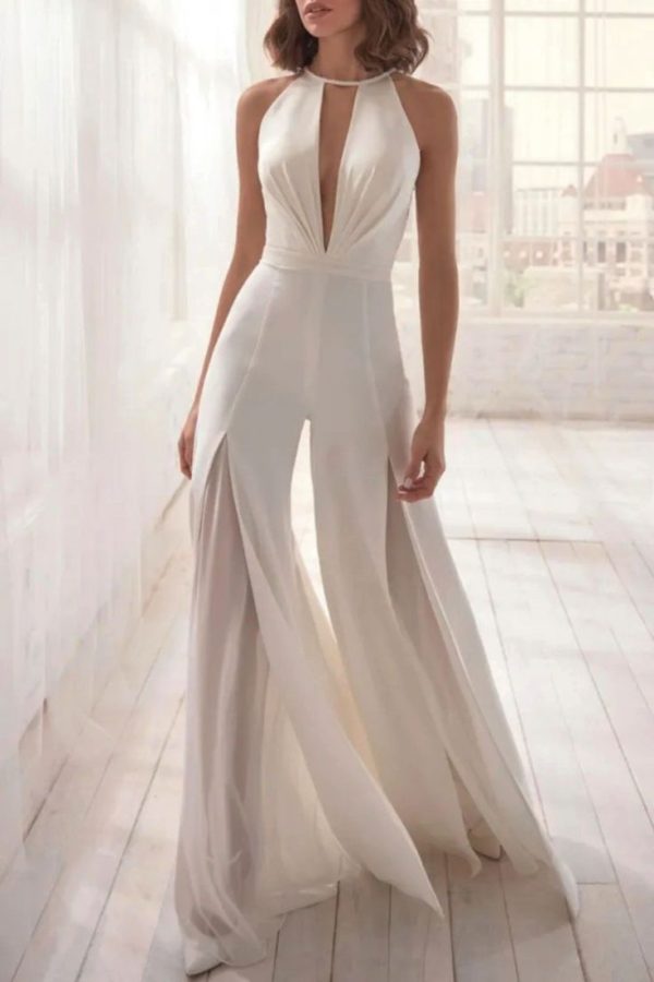 Sexy Casual Solid Hollowed Out Patchwork Backless O Neck Regular Jumpsuits