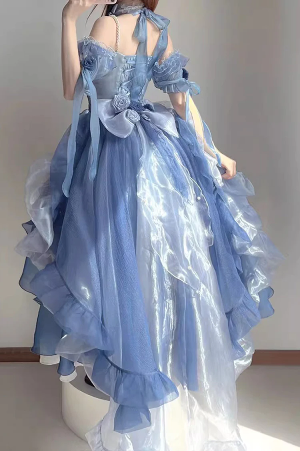Blue Short Sleeves Hanayome Bowknot Sweet Elegant Princess Lolita Dre