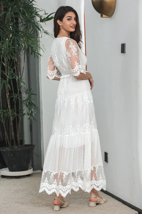 Zapakasa Women White A-Line Long Boho Lace Engagement Party Dress V-Neck Maxi Summer Beach Dress