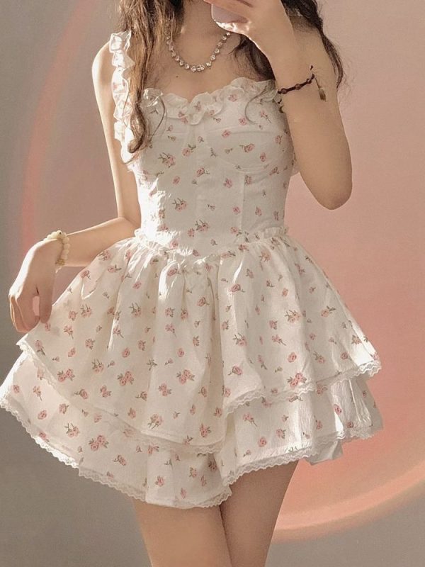 Summer Lace Kawaii Dress Women Vintage Sleeveless Elegant Sweet Mini Dress Female Floral Print