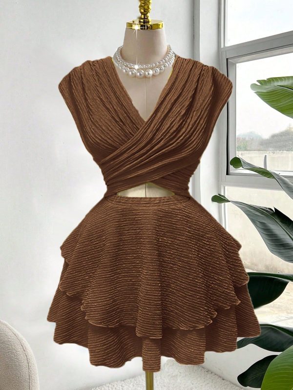 Plus Size Women's Holiday Crossed V-Neck Hollow Out Ruffled Hem Beach Dress, Stylish Design, Spring/Summer New Arrival
