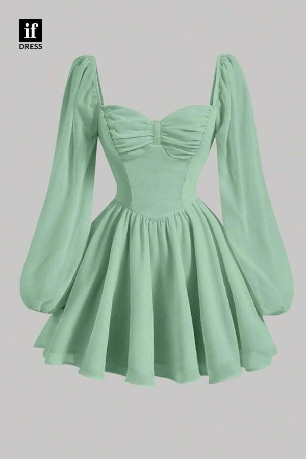 F1584 - Classic A-Line Sweetheart Long Sleeves Ruched Cocktail Homecoming Party Dress - Peach