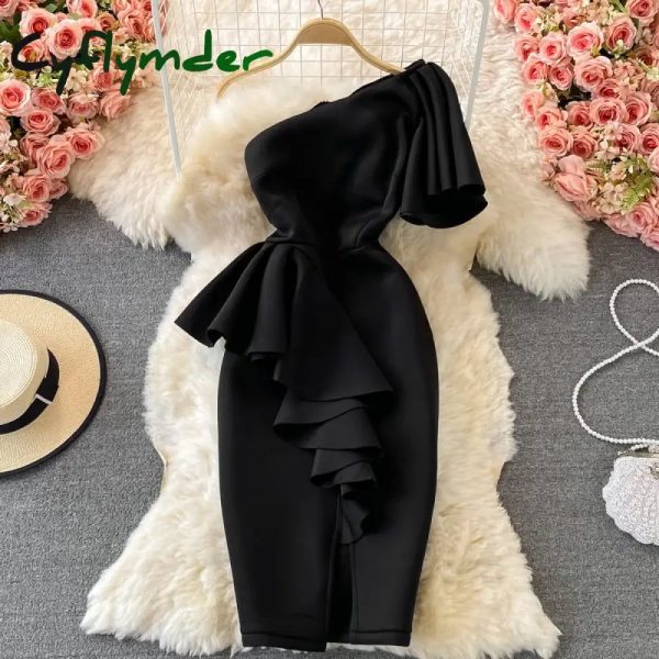 Cyflymder Christmas DRESS TO IMPRESS Sweet Style Y2K Long Dresse For Women Three-dimensional Ruffles Split Diagonal Collar Dresses Spring Summer New - black / L