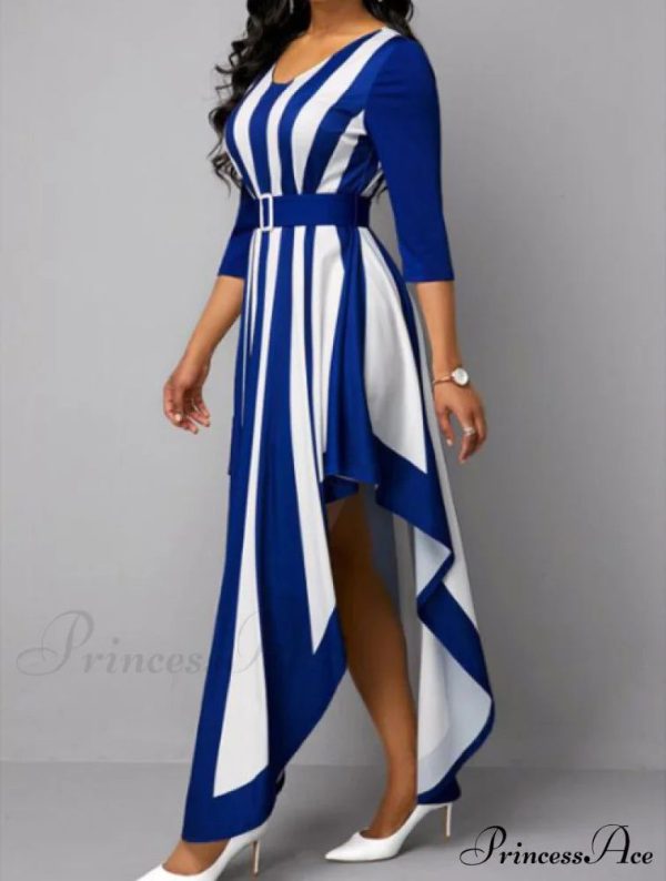 with Bohemia Gown V-Neck Full-Length Colorful Deep Stripes - L BLUE