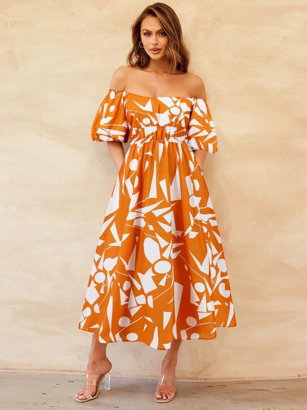 Arianna Off-Shoulder Balloon Sleeve Dress - Pumpkin / 2XL