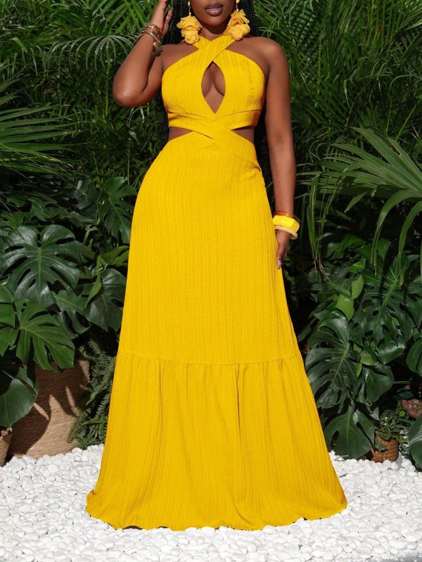 2025 New Spring And Summer Casual Vacation Cross Halter Neck Hollow Front Chest Hollow Backless Waist Cake Skirt A-Pulse Maxi Skirt Orange Texture Wave Stripe Woven Women's Maxi Dress-A