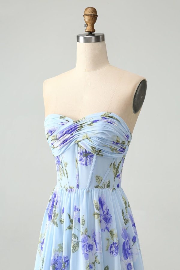 Zapakasa Women Blue Floral Wedding Guest Dress A Line Sweetheart Strapless Pleated Long Bridesmaid Dress