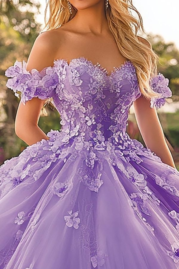 ZAPAKASA Women Plum Floral Off The Shoulder Quinceanera Dress with Appliques Tulle Long Sweet 16 dress