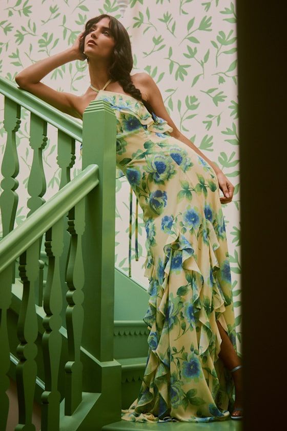 Casey Yellow Floral Halter Ruffled Maxi Dress