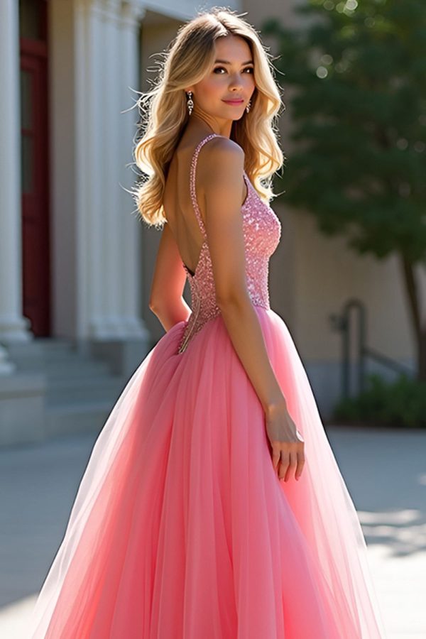 ZAPAKASA Women A Line Tulle Blush Pink Ball Gown Long Prom Dress with Beading V-Neck Spaghetti Straps Formal Dress