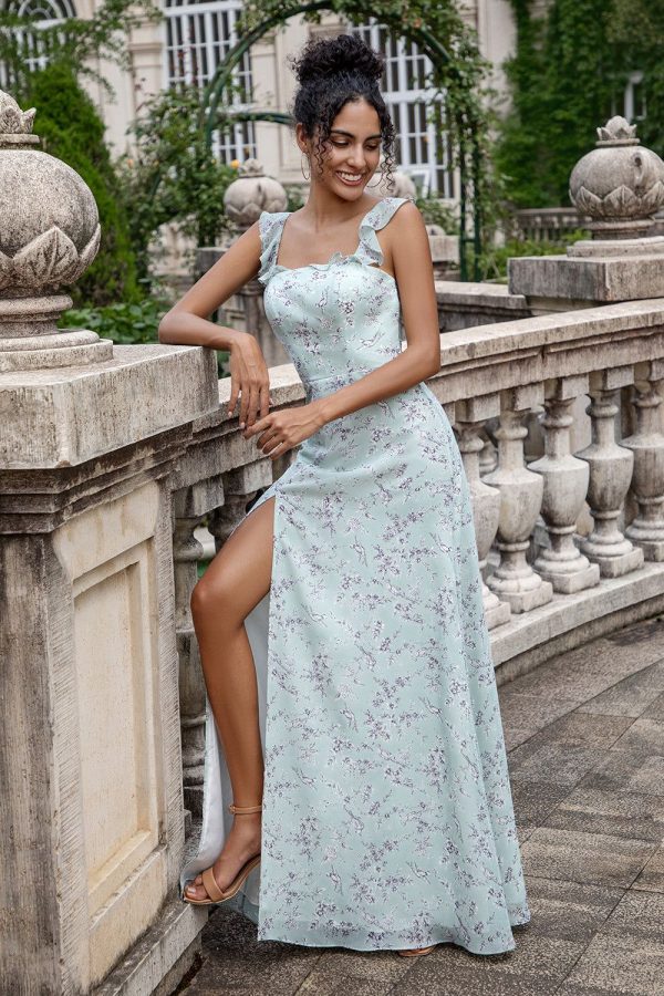 Zapakasa Women Grey Green Bridesmaid Dress With Slit Sheath Floral Print Long Square Neck Sleeveless Wedding Party Dress