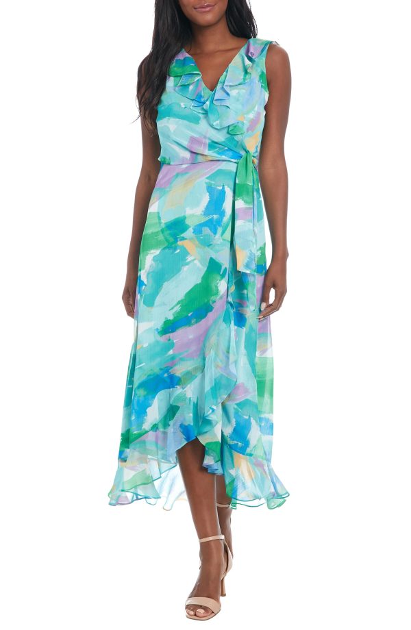 London Times Ruffle Sleeveless Faux Wrap Chiffon Maxi Dress in Aqua at Nordstrom Rack, Size 6