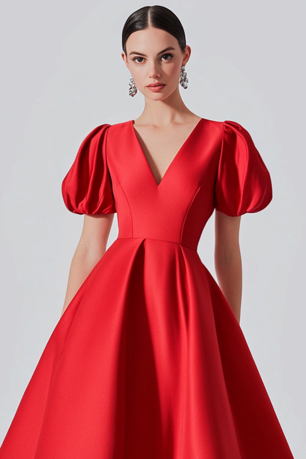 ZAPAKASA Women Red A Line Satin Formal Dress with Puff Sleeves V-Neck Short Sweet 16 Dress
