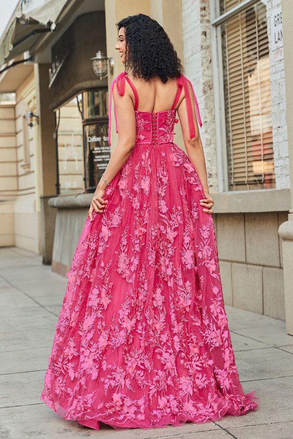 Zapakasa Women Hot Pink Long Prom Dress with Slit A-Line Spaghetti Straps Party Dress, Fuchsia / US4