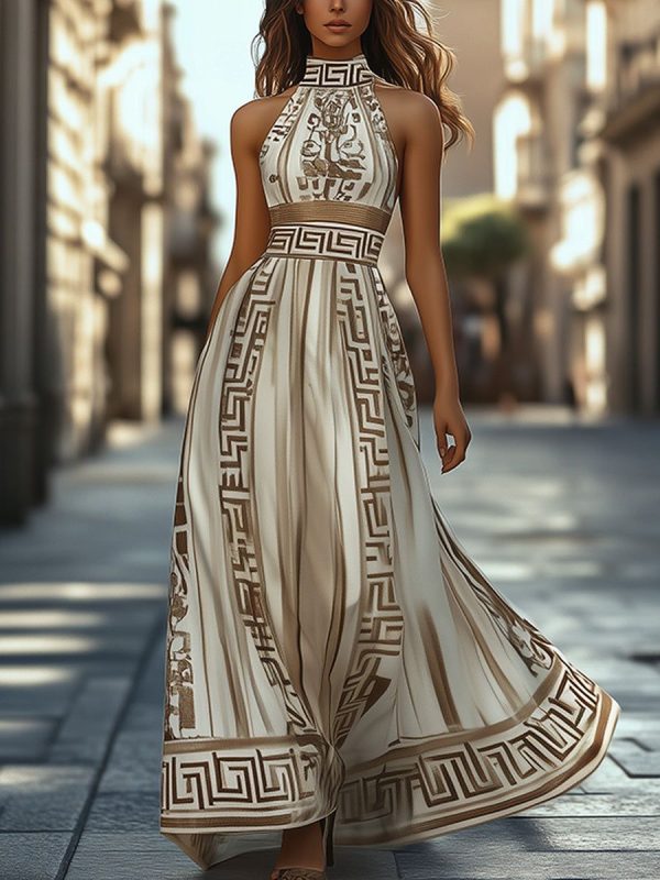 Elegant and Flowing Geometric Pattern Maxi Dress Maxi Dress-Off-White-S