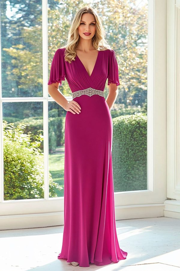 ZAPAKASA Women V Neck Fuchsia Mother Of The Bride Dress with Rhinestone Column Short Sleeves Long Wedding Guest Dress