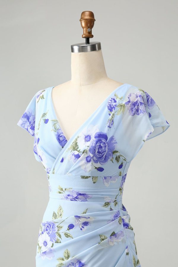 Zapakasa Women Blue Floral Wedding Guest Dress V Neck A Line Ruffles Asymmetrical Bridesmaid Dress