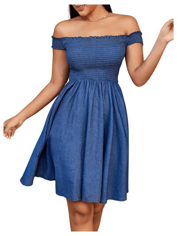 Floerns Women's Off Shoulder Short Sleeve Flare Hem Shirred Denim A Line Dress