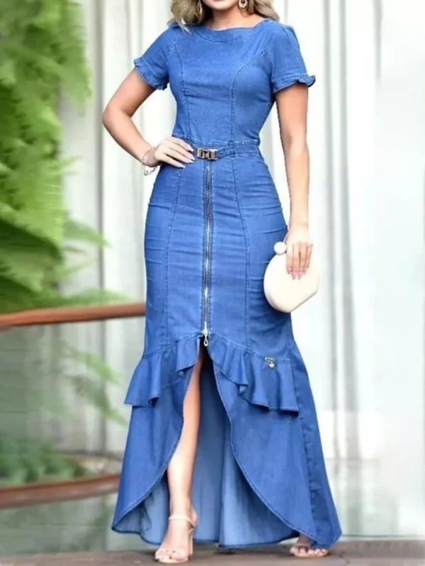 Orcajump – Stylish Solid Color Boat Neck Short Sleeve Maxi Dress with Tulip Hem and Slim-fit Denim for Women