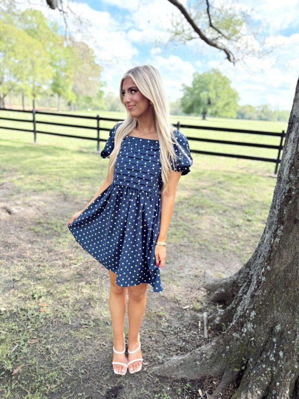 Navy Polka Dot Puff Sleeve Dress - Large