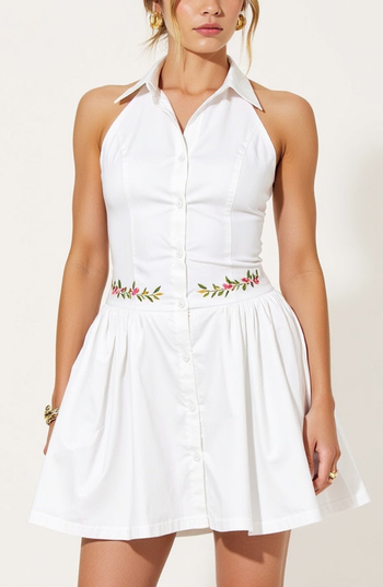 Modenaire Embroidered Waist Button-Front Halter Mini Dress with Smocked Open Back in White at Nordstrom, Size Large