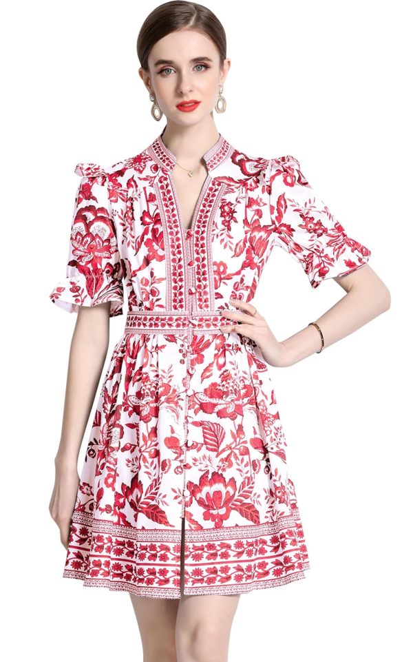 LAI MENG FIVE CATS Women's Button Up Short Puff Sleeve V-Neck Floral Print Split Casual Mini Dress