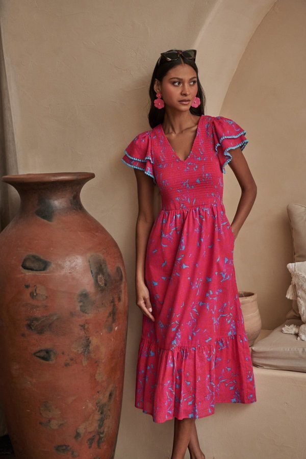 Delina Floral Patte Tiered Midi Dress - BLUE-PINKS / S