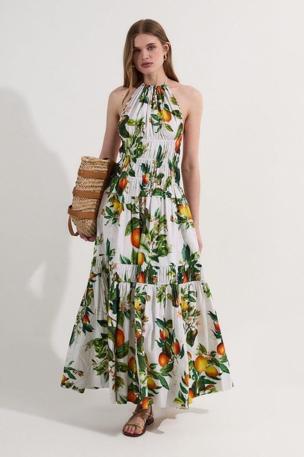 Shirred Cotton Tiered Fruit Print Halter Neck Woven Maxi Dress - Multi