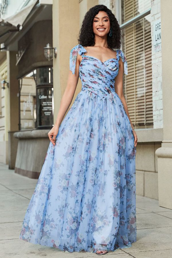 Zapakasa Women A-Line Blue Printed Adjustable Straps Long Prom Dress, Blue / US26W