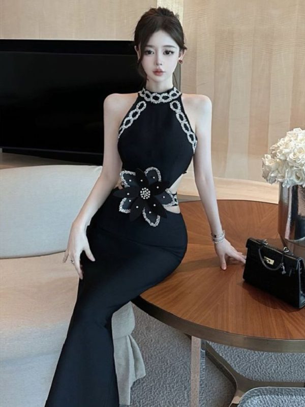 2024 Summer Elegant Temperament Sleeveless Off Shoulder Nail Drill Tight Dress Women Cinching Waist