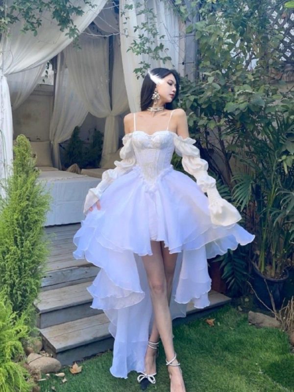 2024 Spring Summer Elegant White Off Shoulder Fairy Dress Vintage Female Chic Princess Puff Dress