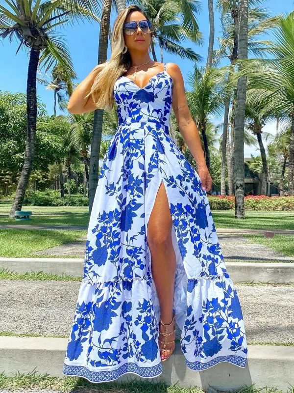 Zingj Summer Sexy Deep V Neck Maxi Dress Floral Print Sling Split Women Dress Beach Holiday A-line Long Dress Casual Tank Top Robe PI23294B2-L