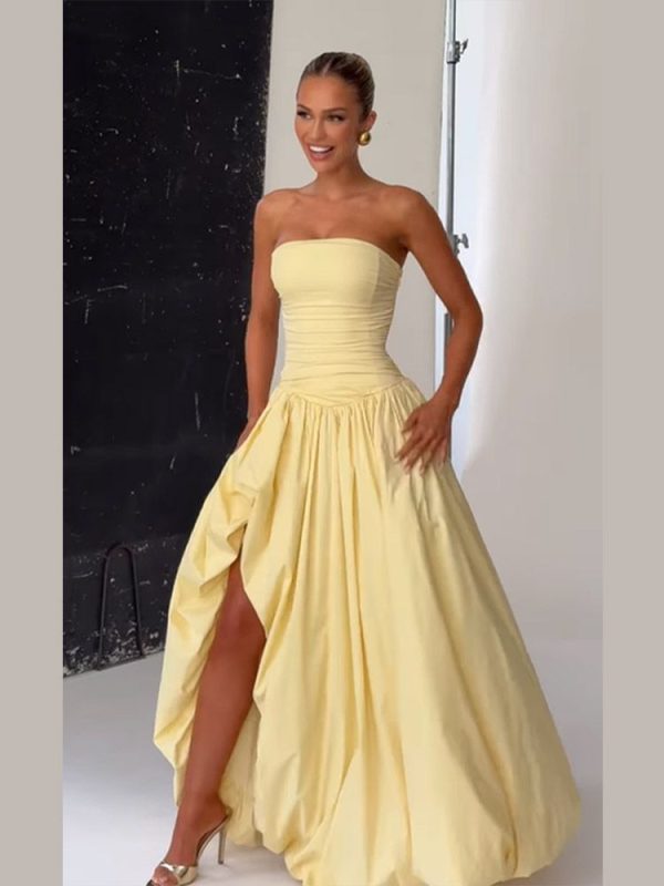 Butter Yellow Women's Party Dress Women's Fashion Strapless A-line Bubble Hem Slim Robes Summer Lady