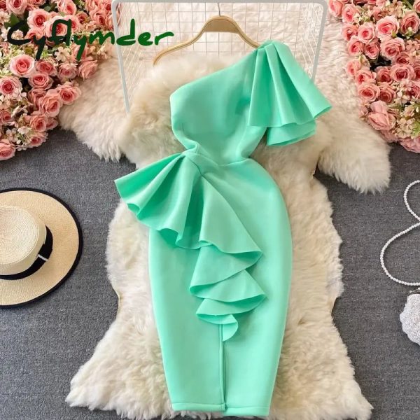 Cyflymder Christmas DRESS TO IMPRESS Sweet Style Y2K Long Dresse For Women Three-dimensional Ruffles Split Diagonal Collar Dresses Spring Summer New - light green / S