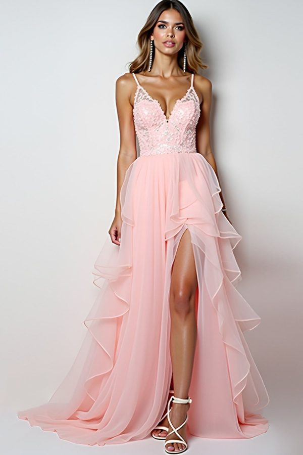 ZAPAKASA Women Blush Pink Tulle Ruffled Long Prom Dress with Slit Appliqued V-Neck Backless Formal Dress