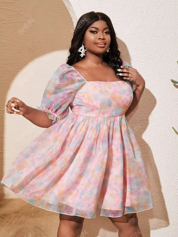 Slaydiva Plus Tie Dye Puff Sleeve Organza Smock Dress
