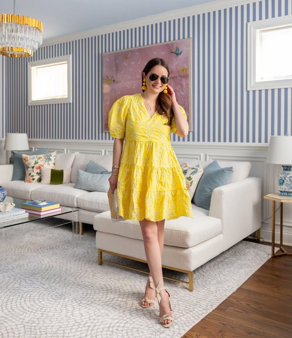 SAIL to SABLE x Style Charade Charlotte Eyelet V-Neck Elbow Sleeve Dress -  M